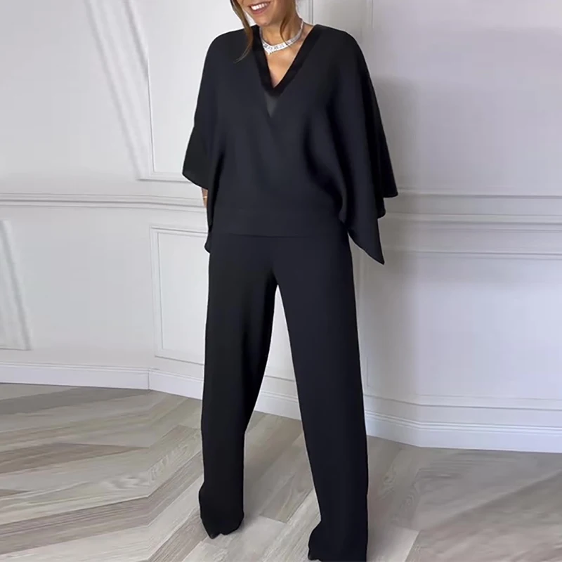 

Office Ladies Simple V-neck Loose Rompers Casual Bating Sleeve Design Straight Jumpsuit High Street Solid Long Pants Playsuits