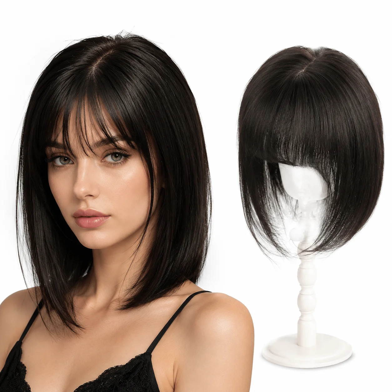 Natural T-part Lace Base Human Hair Toppers for Women with Bangs Clip-in Extension Hairpiece for Thinning Hair Scalp Coverage