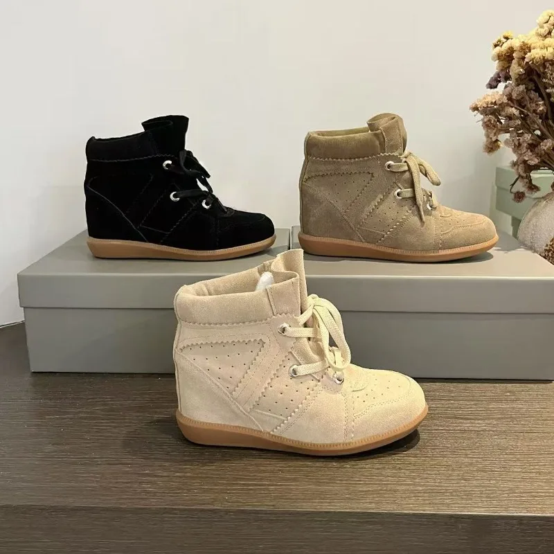 Luxury Designer Shoes for Women Suede Hidden Wedge Ankle Boots Lace Up Brogue Cutout Short Booties Vintage Casual Walking Shoes