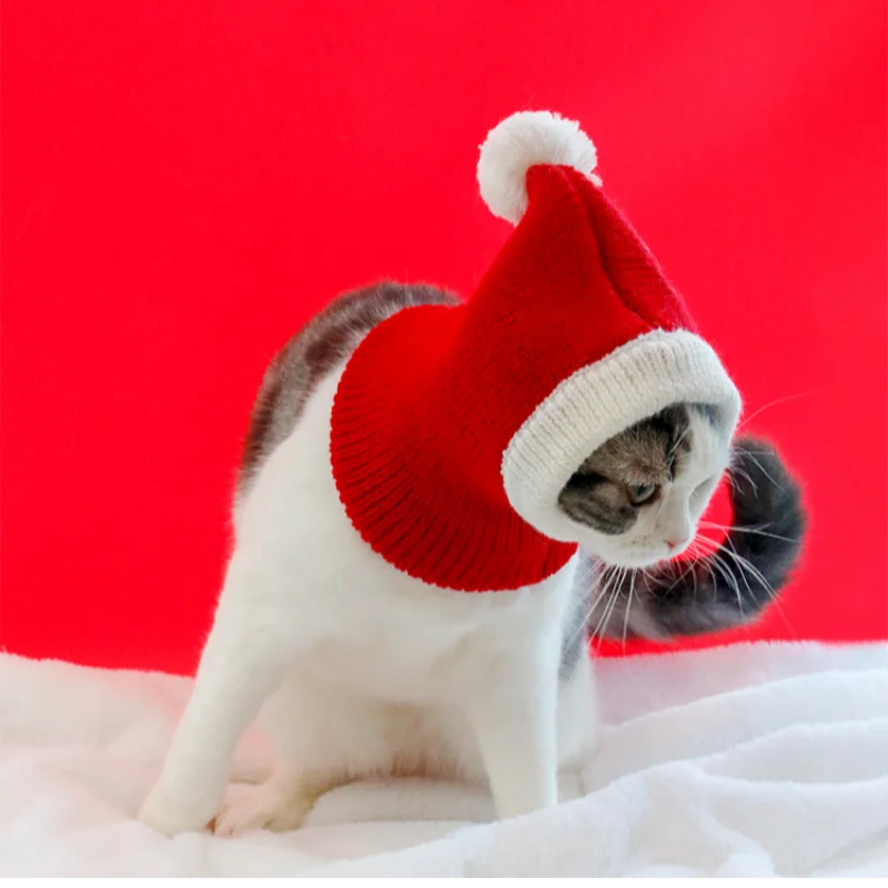 Pet Santa Hat Dog Cats Christmas Knitted Headwear Adjustable Elastic Headwear Cute Pet Costume Christmas Funny Decor