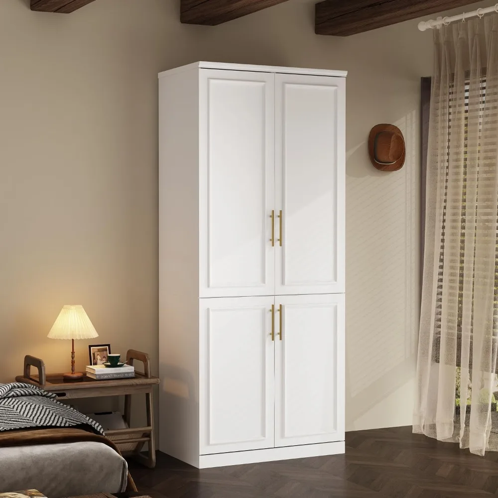 Wardrobe Closet with Hanging Rod, Modern Wooden Armoire with 4 Framed Doors & 3 Large Shelves, Clothes Storage Cabinet Organizer