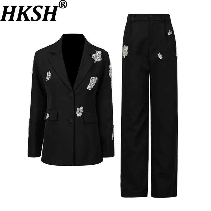 

HKSH Spring Autumn New Women's Two-piece Set Studded Diamonds Single Breasted Blazer Wide Leg Suit Pants Elegant Fashion HK16747