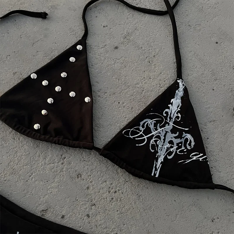 Y2k Millennium Spicy Girls Style Gothic Retro Popular Versatile Hanging Neck Strap Bikini Set American Trendy Fashion Bikini Set