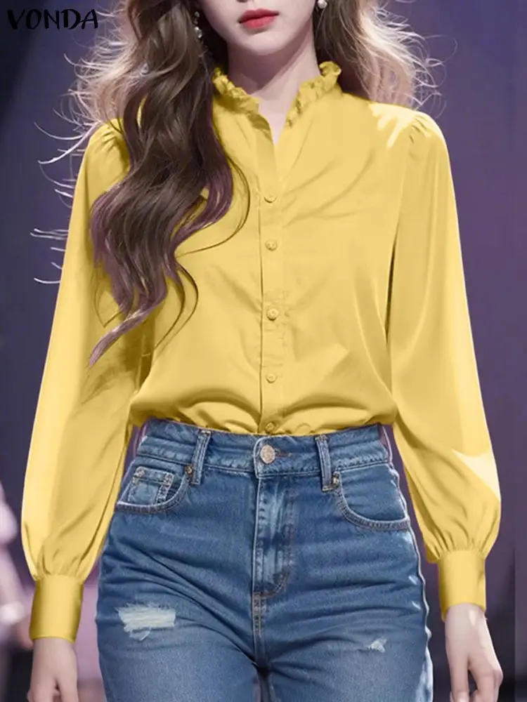 VONDA エレガントな女性用オフィスレディシャツ 2025年秋 長袖トップス ボタン付き スタンドカラー 無地 韓国風ブラウス カジュアル パーティーブラウス