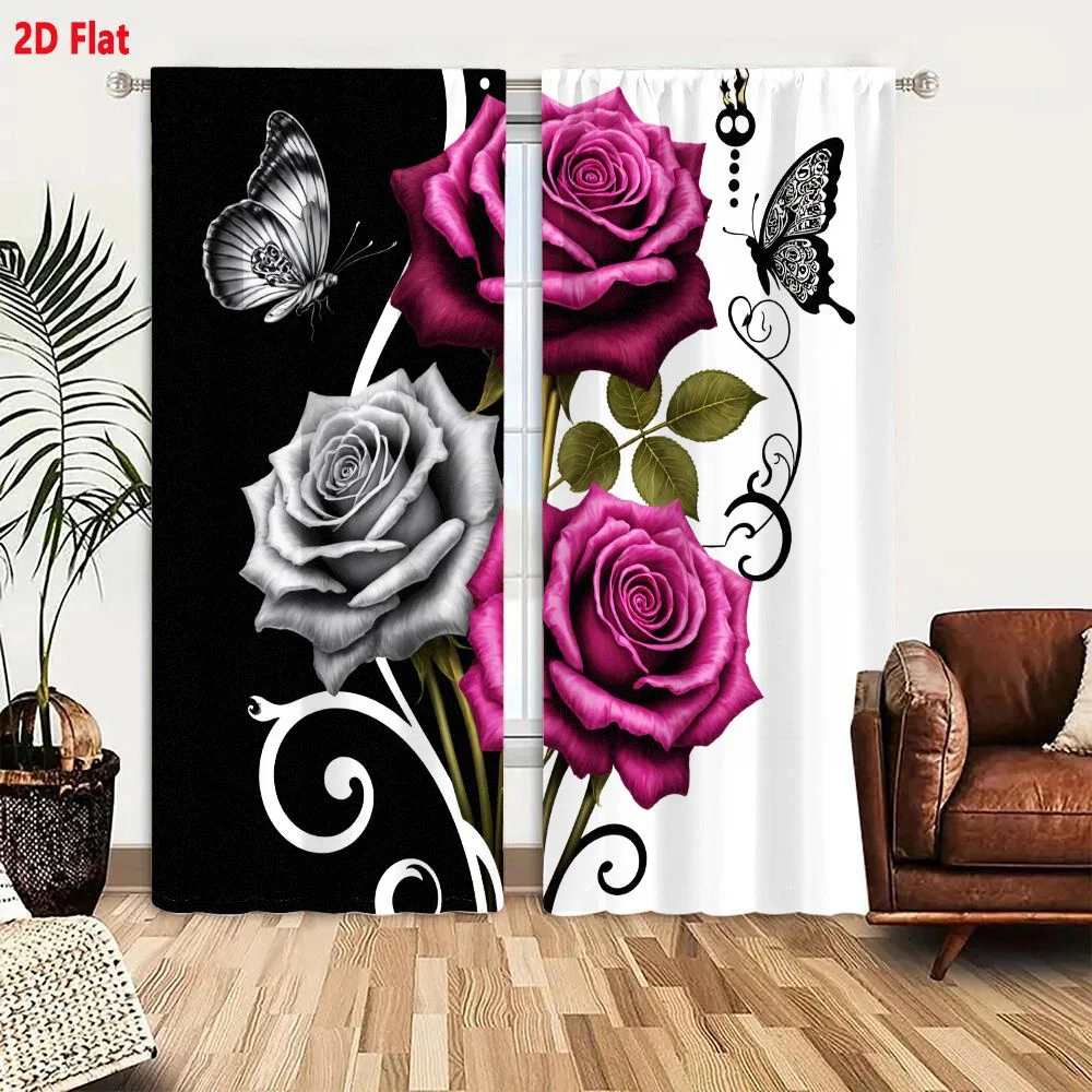 2Pcs Curtains 2D Flat Black And White Split Background With Magenta Grayscale Roses And Butterflies Floral Arrangement Artistic