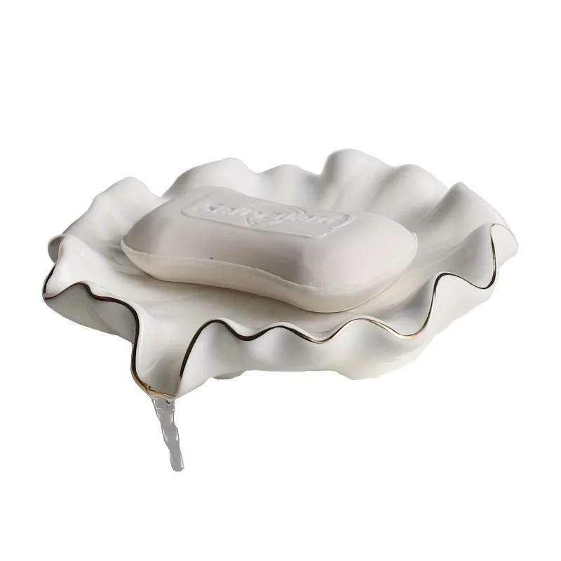 1pc Elegant White Ceramic Soap Dish with Golden Rim,Shell-Inspired Design, Round for Lotus Leaf Shape Holder