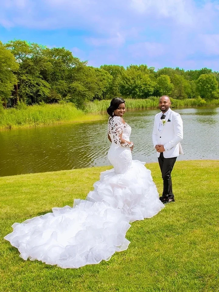 Personalizado nuevos estilos de manga larga con volantes sirena africana cuentas de Organza vestido de novia transparente vestido de novia de tren grande de encaje