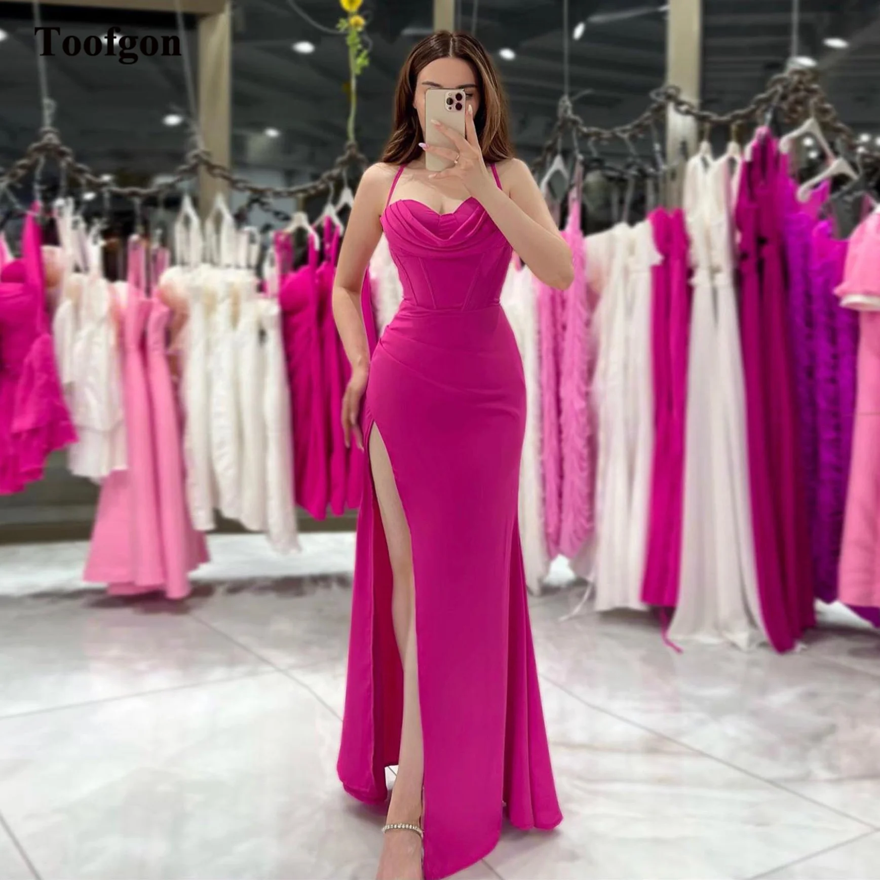 

Toofgon Mermaid Women Long Prom Dresses Split Side Corset With Straps Back Bodycon Formal Wedding Party Bridesmaid Evening Gowns