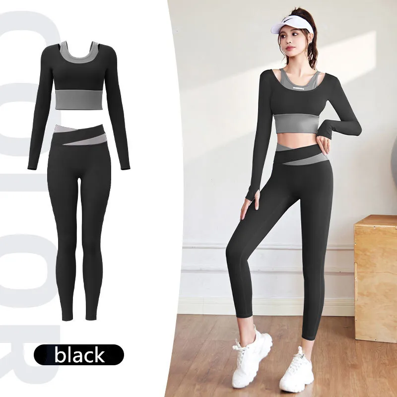 Yoga Sportswear set Color-blocking Long-Sleeved T-shirt Gym High Waist Sport Outfit Fitness Tights