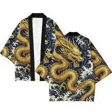 Japanese Haori Kimono Cardigan Golden Dragon Wave Print Japanese Traditional Loose Yukata Jacket Beach Cover Up Tops