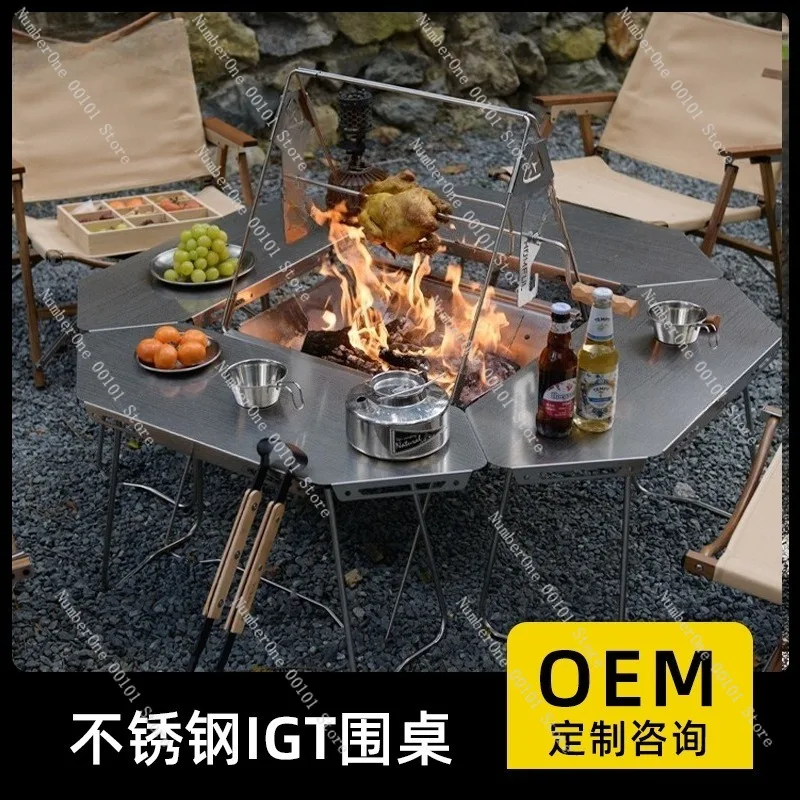 Outdoor Camping Fire Pit Table Modular Splicing Combination BBQ Surround Table Multifunctional Stainless Steel Round Enclosure