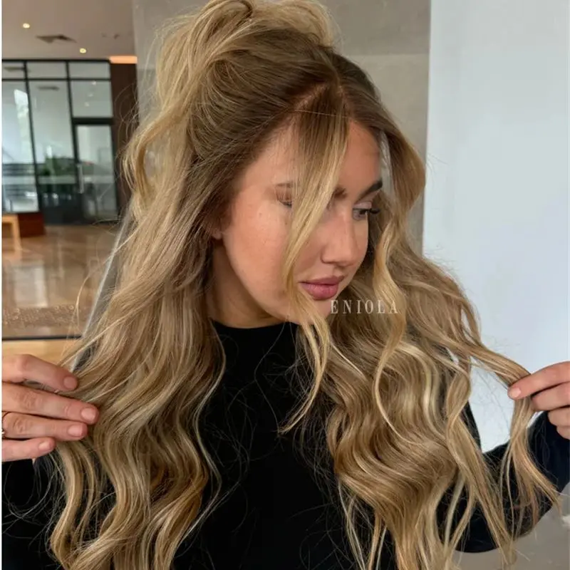 

13x4 Trendy Wig Ombre Caramel Blonde Balayage Wig Synthetic Lace Front Wig Natural Preplucked Hairline Comfortable Long Wave Wig