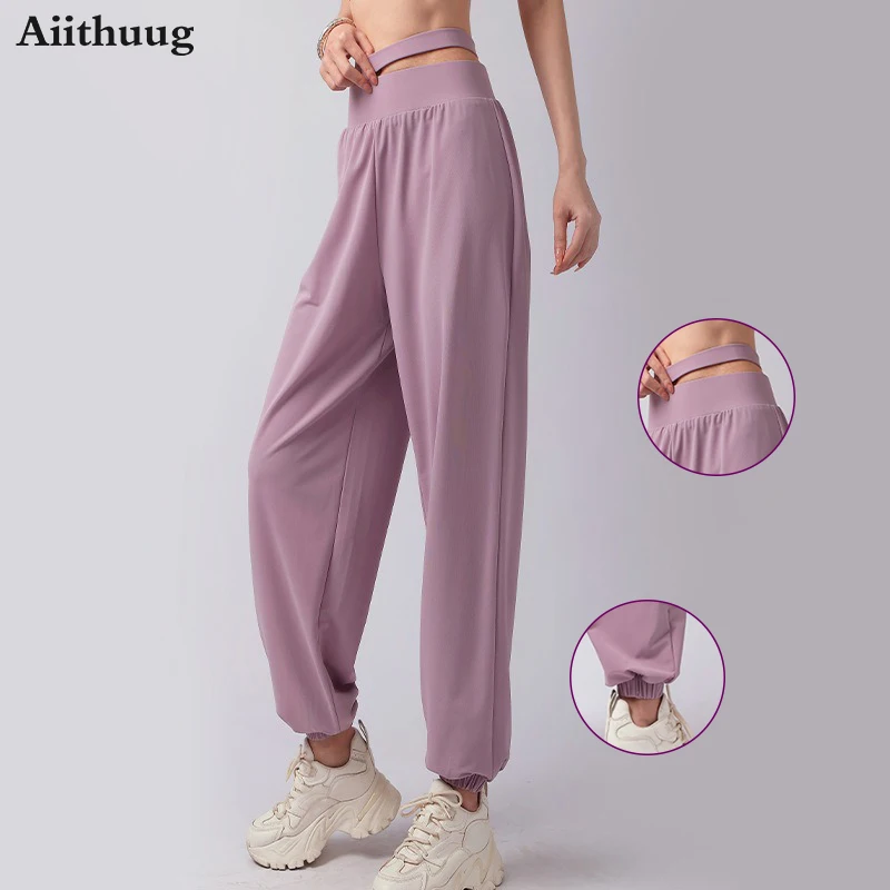 Aiithuug High Waist Hollow Double Waist Yoga Pants Women Slimming Sports Pants Loose Tie Feet Running Fitness Quick Drying Pants