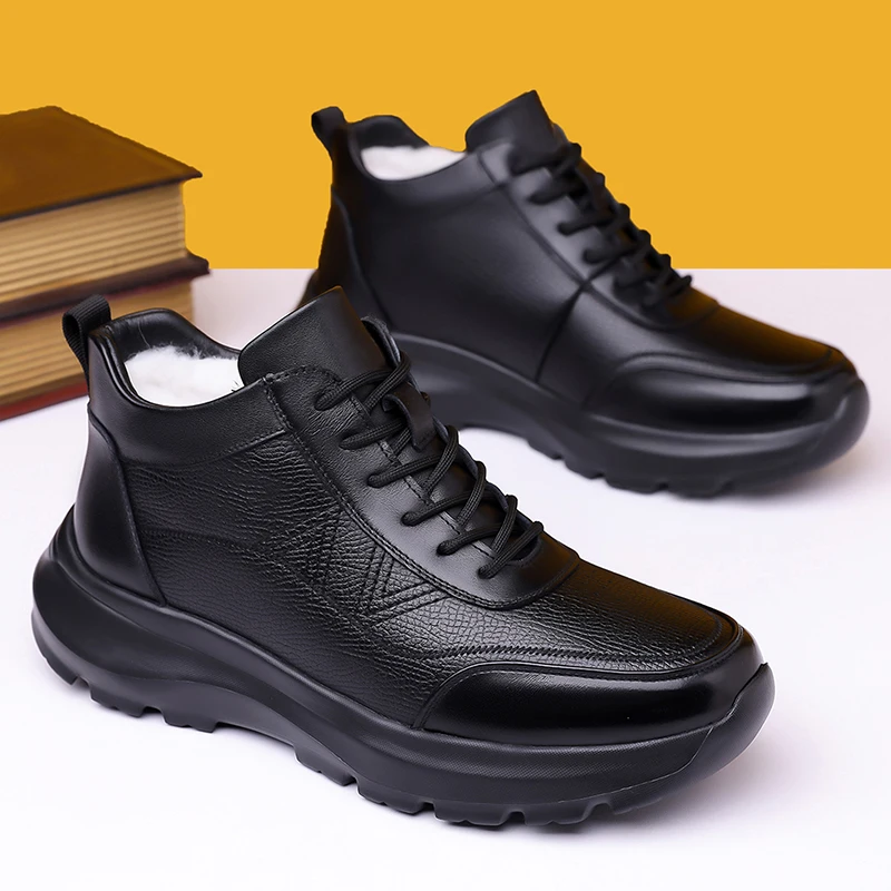 

Boots Men High Top Boots Lace Up Men's Leather Shoes Winter Fashion Plush Warm Shoes Outdoor Sneakers Male Non-Slip Ankle Boots