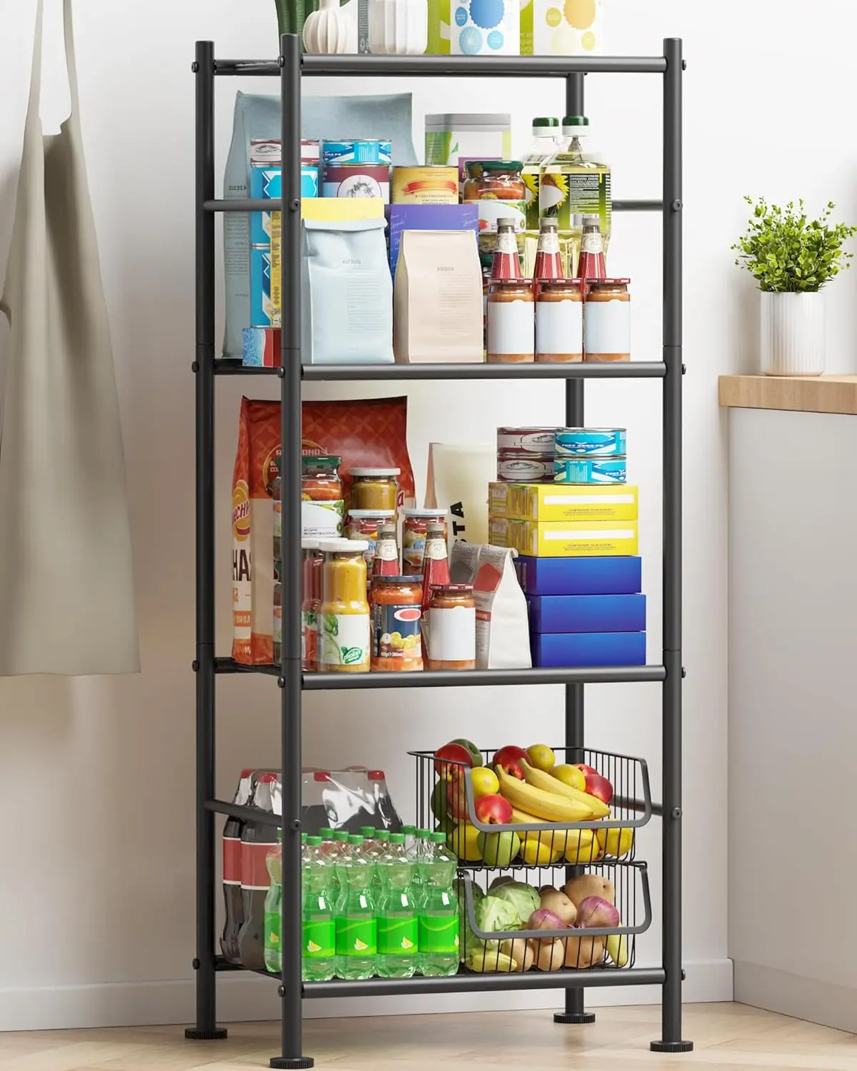 

4-Tier Metal Storage Shelf with Adjustable Feet, Space-Saving Organizer for Pantry Kitchen Garage (18x12x44in, Black)