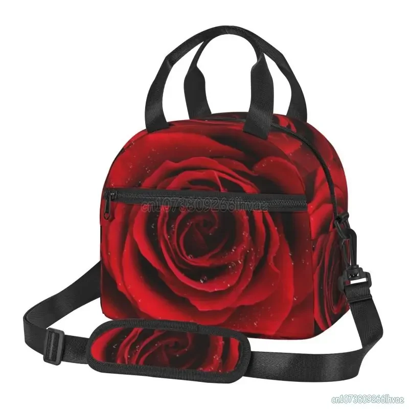 Red Rose Flowers with Raindrop Insulated Lunch Bag Cooler Thermal Bento Tote Bags for Work Travel Picnic Valentine\'s Day Gifts