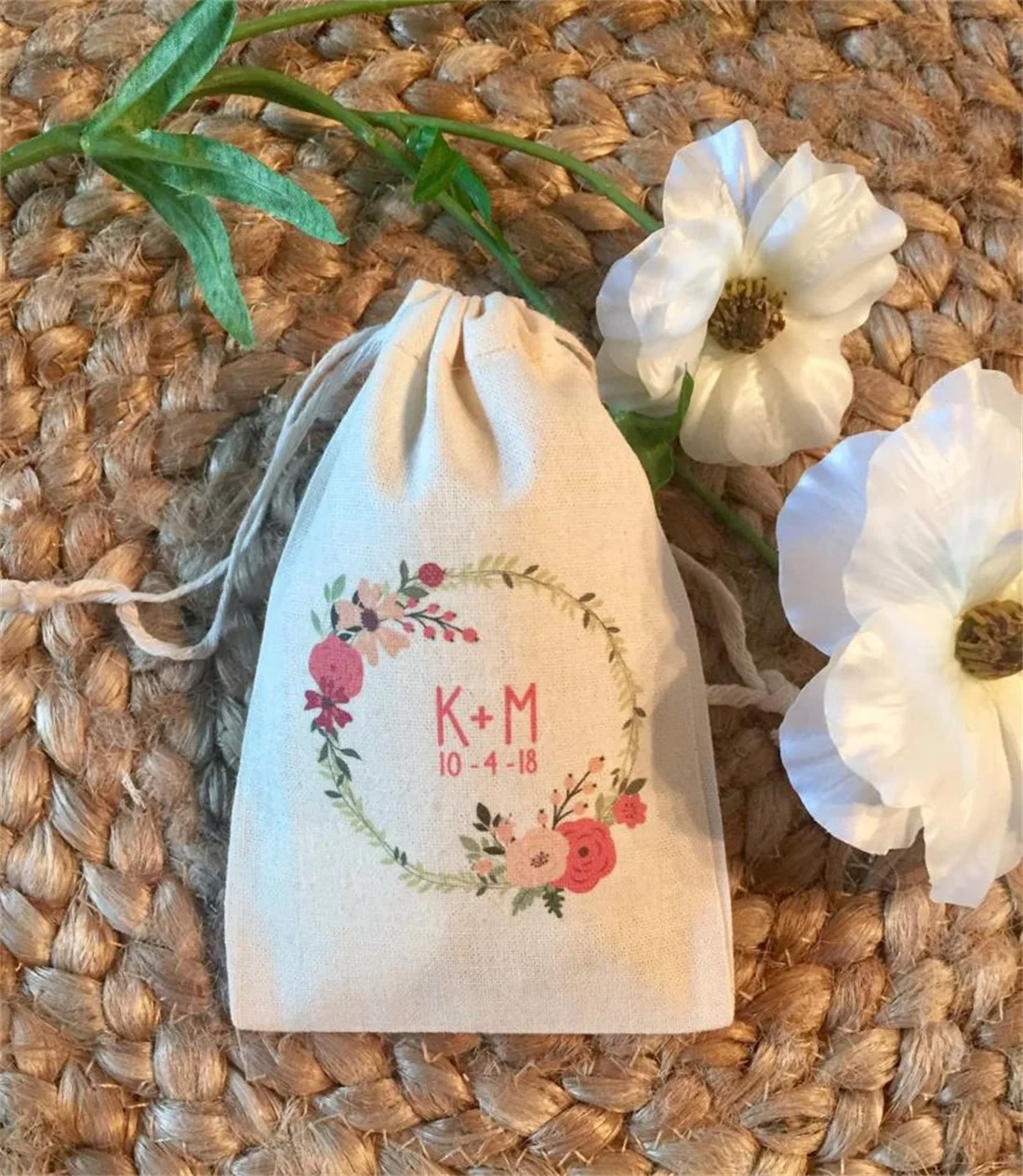 20pcs Personalized Romantic Floral Wreath Wedding Favor Bags - Boho Style Favors