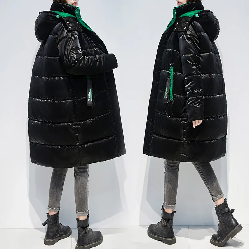 2023 New Women Winter Glossy Long Parkas Hooded Thicken Warm Female Snow Wear Coat Padded Loose Clothes Hat Detachable Jacket