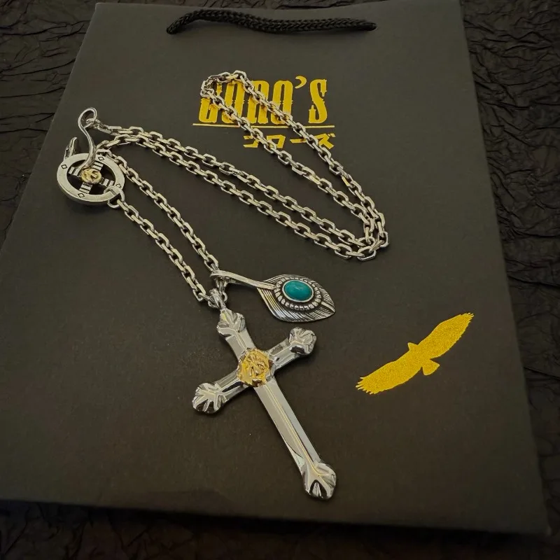 

Япония Tide Takahashi Goros винтажное ожерелье с подвеской в виде креста с золотым логотипом и бирюзовым маленьким кулоном, модная универсальная пара