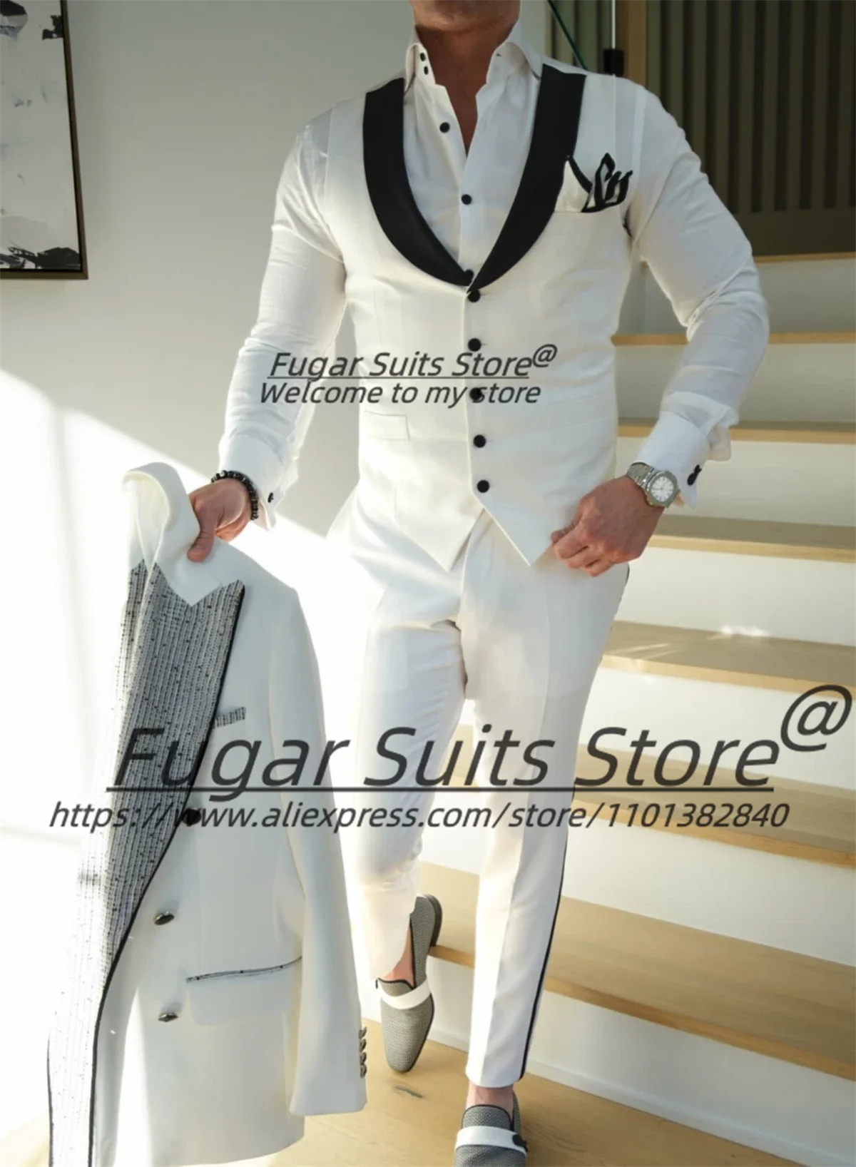 Magnificent Shiny Beadwork Men Suits Slim Fit Peak Lapel Groom Wedding Tuxedos Male Prom Blazers 3Pcs Sets Elegant Costume Homme