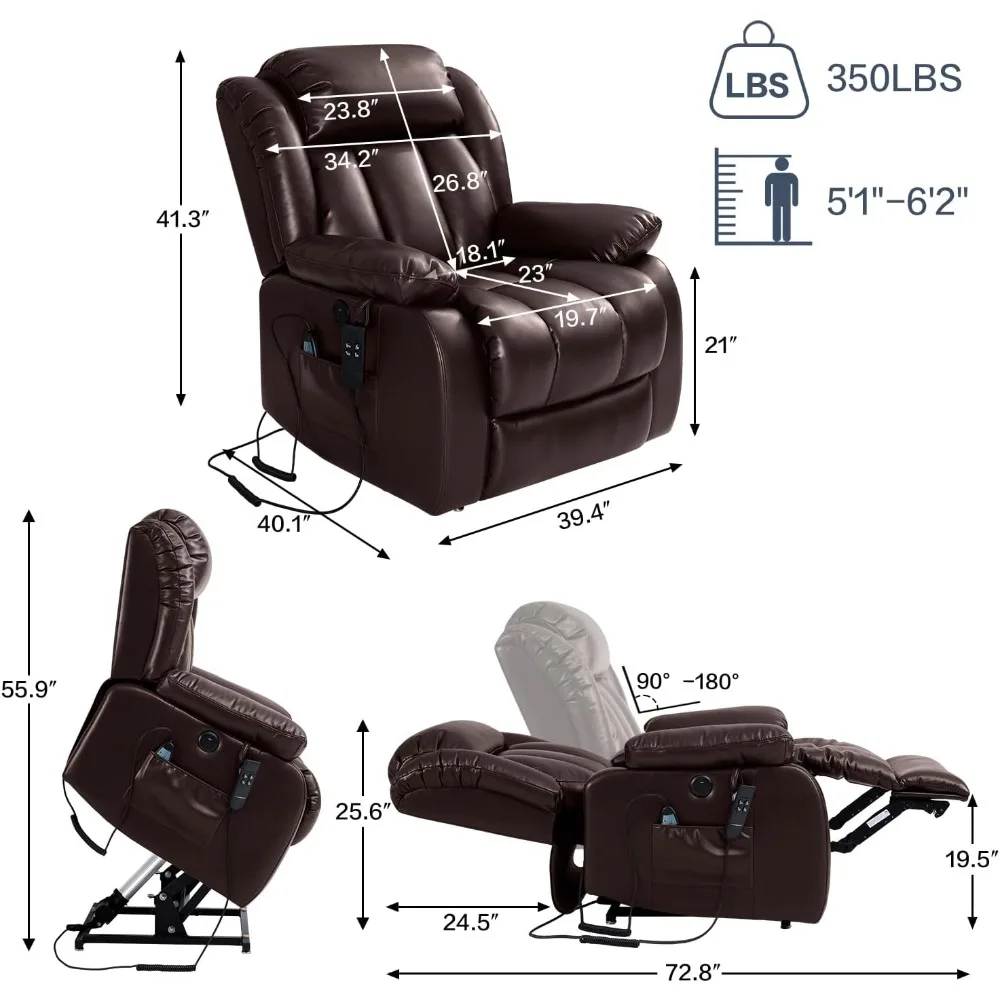 Power Lift Chair Lay Flat Recliner Dual Motor Sleeper Chair with Massage and Heating for Elderly, USB Ports and Remote Control