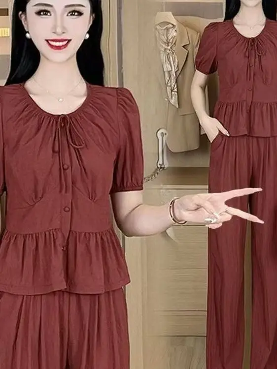 

Fashionable V-Neck Elastic Waist Wide Leg Pants Two-Piece Set Summer plus Size Clothing Comfortable Loose Fit Korean Style