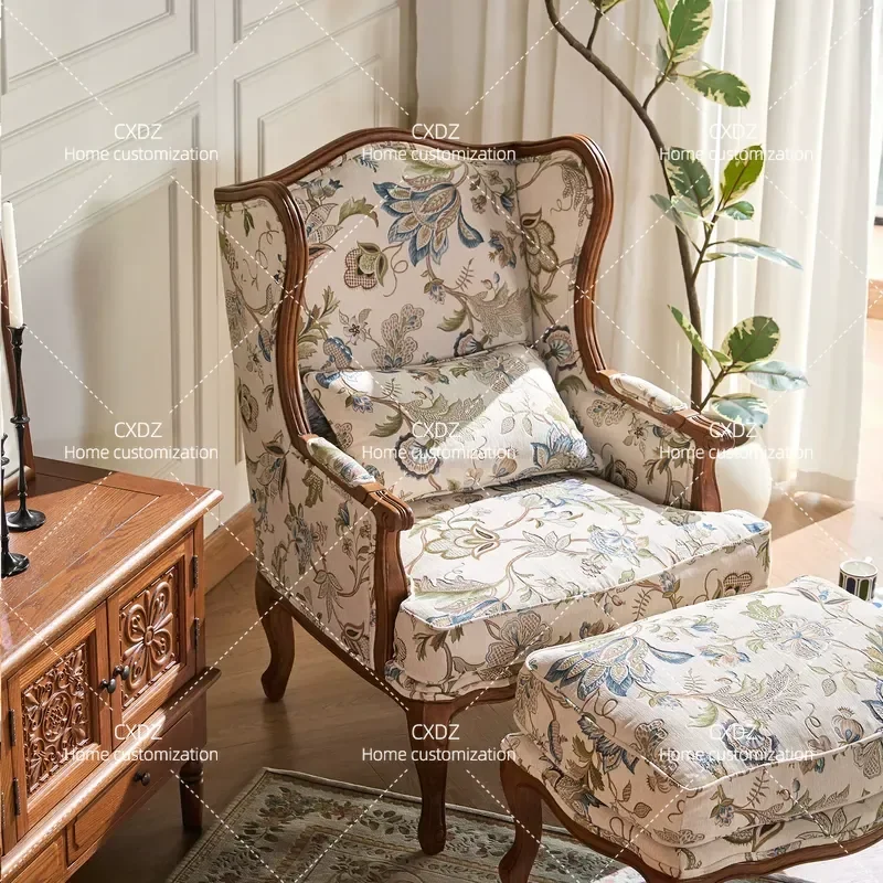 Country Style Solid Oak Wood Single Sofa Chair Jacquard Fabric Balcony Leisure Armchair with Double Ears for Living Room