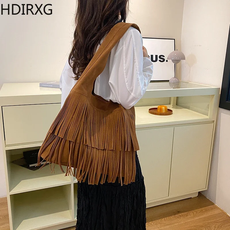 Fashion Retro Women Messenger Bags Tote New Women\'s Shoulder Handbag Casual Crossbody Solid Color Brown Tassel Bag for Lady Girl