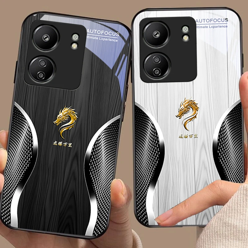Wooden Dragon Black For Xiaomi Redmi 13C Note13 12 Pro Plus 5G Note 9 13T Pro POCO X6 F5 F6 Black Tempered Glass Phone Case