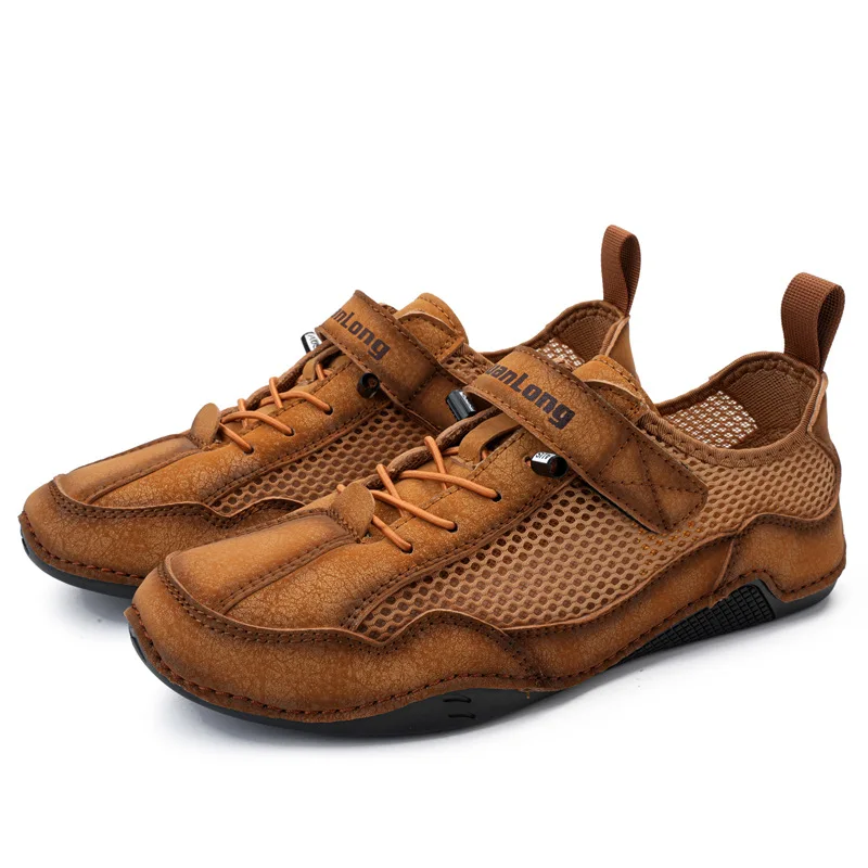 Tênis de couro respirável masculino, sapatos casuais, marca da moda, escalada, caminhada, ao ar livre, versátil, leve