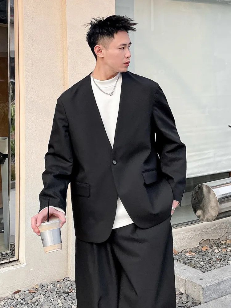 

Bla Casual Drapey Lapel Men's Suit Set Spring Autumn Loose Fit Outerwear Youth Trend Regular Collar Single Button Pure Color