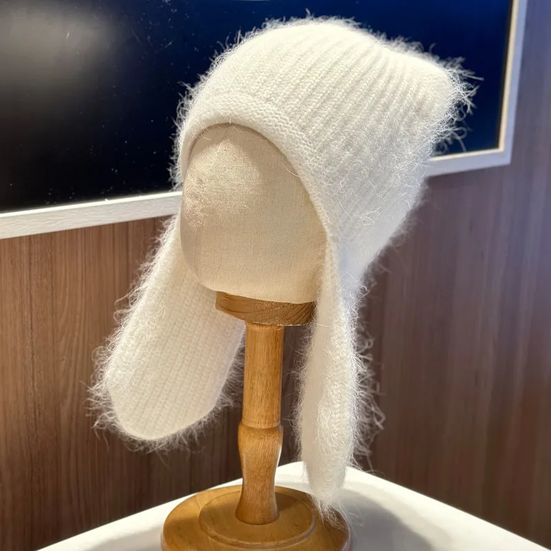 

2025new plush rabbit fur ear protector women's hat warm face-reducing knittedLei Feng cute woolen hat skin-friendly warm hat