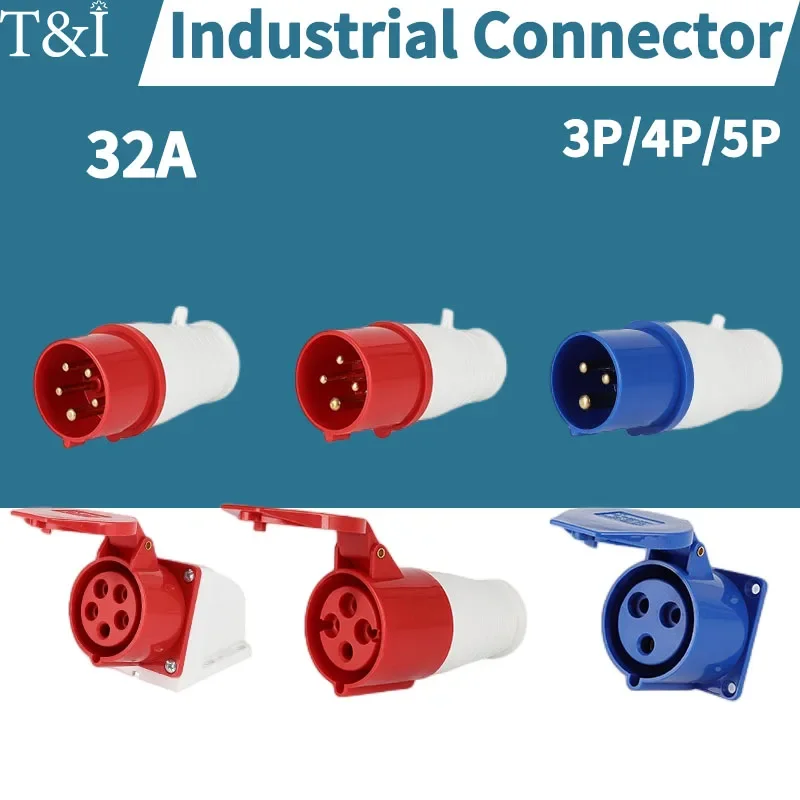 1 PCS 32A Aviation Industrial Plug Inclined Socket Male and Female Connector 3/4/5P Surface/Concealed Installation Without Wire