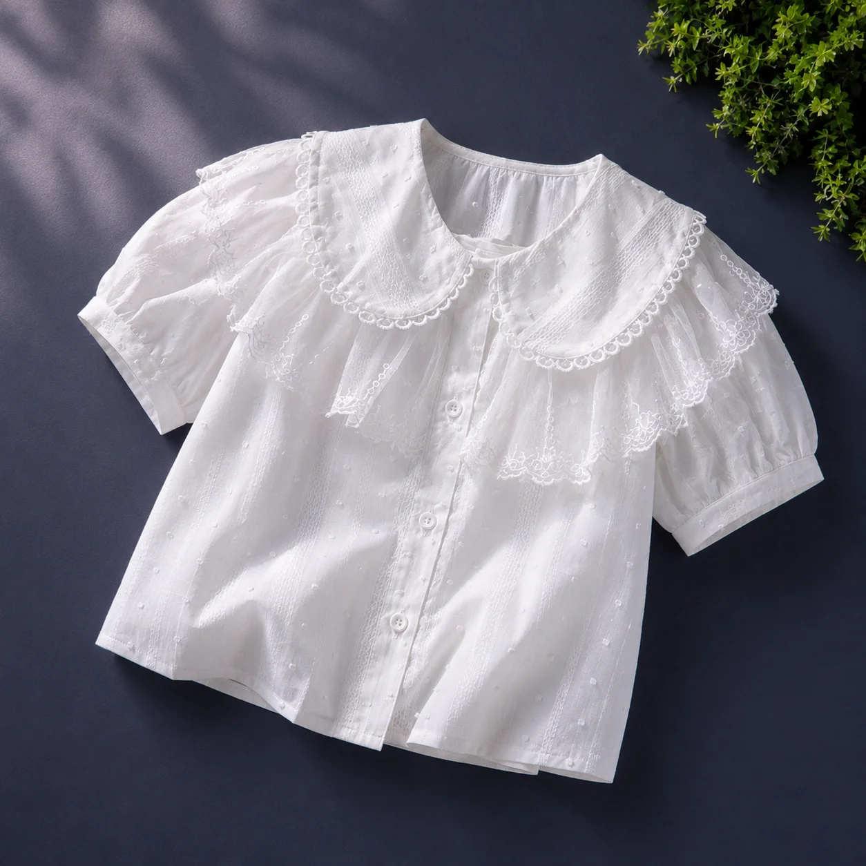 Girls Blouse Lace Double Peter Pan Collar Puff Sleeve Preppy Tops For Girls Back To School Button Shirt Kids Clothes 6-13 Years