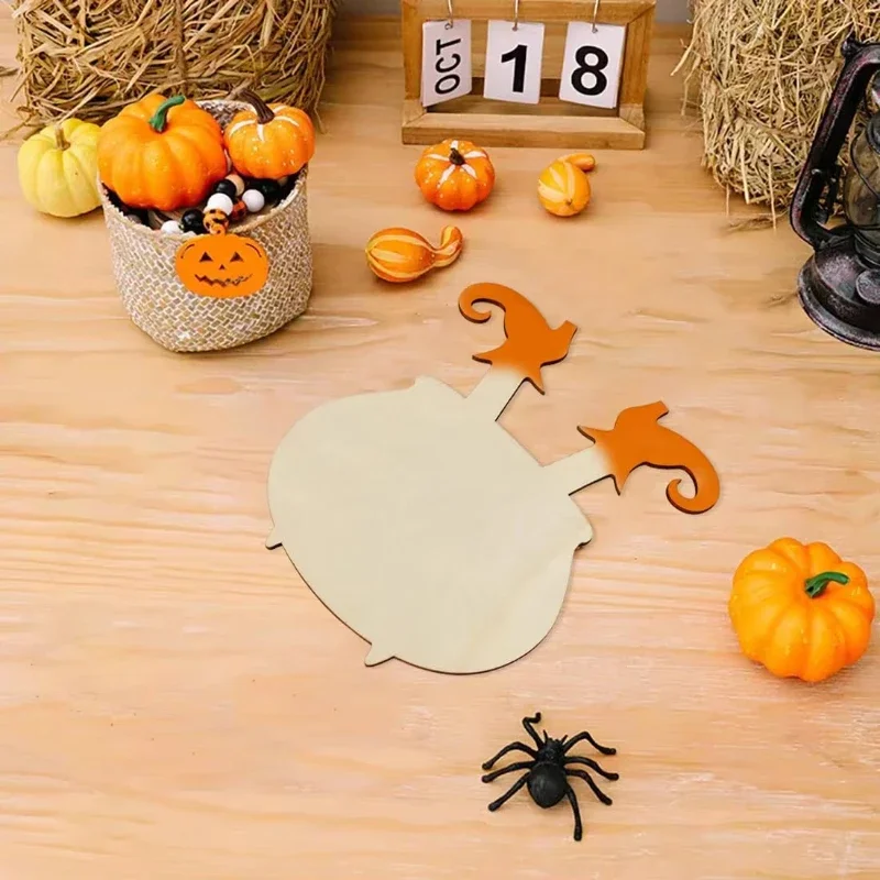 2026 Latest Models Top Quality 48Pcs Unfinished Wood Witch Cauldron Cutouts Halloween DIY Tags Hanging Ornaments Party Decor