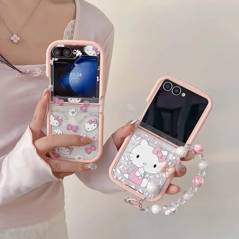 Cute Transparent Pink Flower Hello Kitty Phone Case for Samsung Galaxy Z Flip7 6 5 4 3 Shockproof with Lanyard