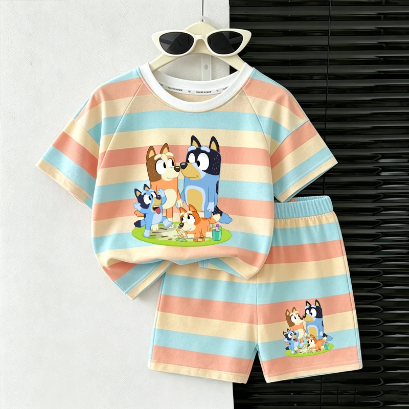 Conjunto Deportivo Infantil de Dibujos Animados Blueys, Lindo Conjunto Deportivo para Niña y Niño, Camiseta de Manga Corta a Rayas y Pantalones Cortos, 2 Piezas, Ropa de Verano
