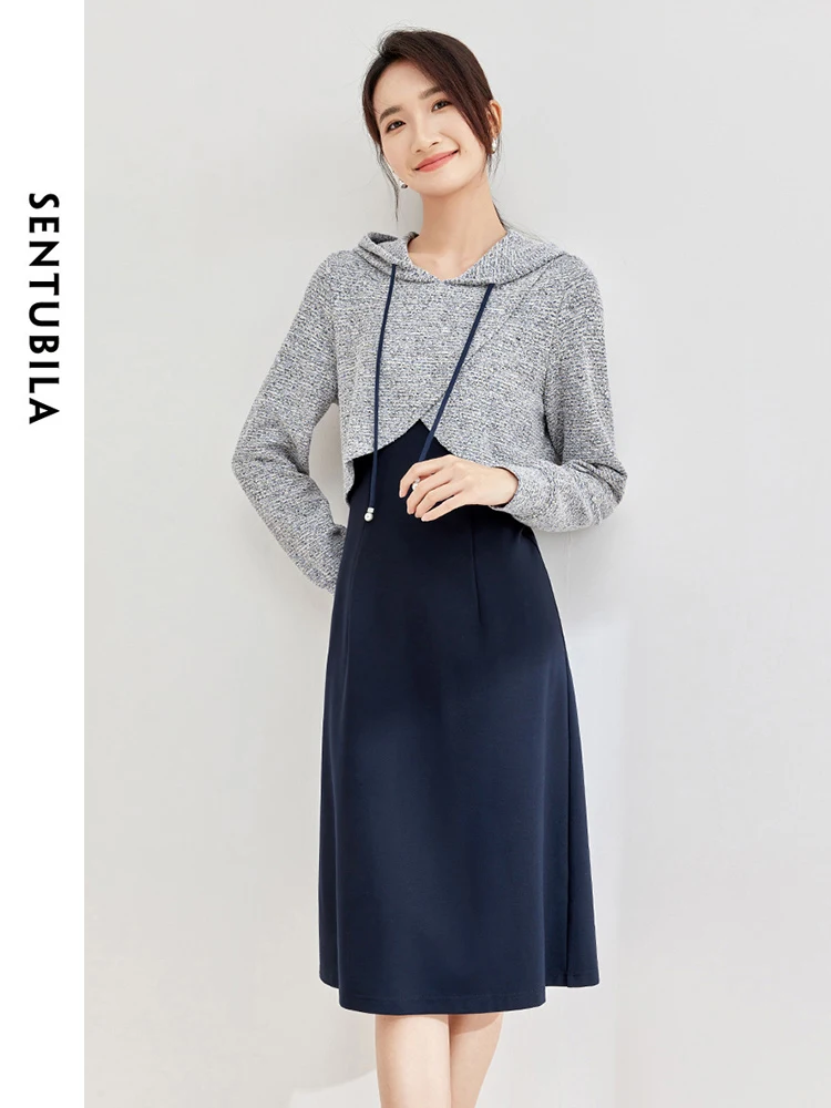 

SENTUBILA Contrast Hooded Drawstring Womens Dresses 2024 Spring Casual Pullover Long Sleeve Dress Female Clothing 133L51689