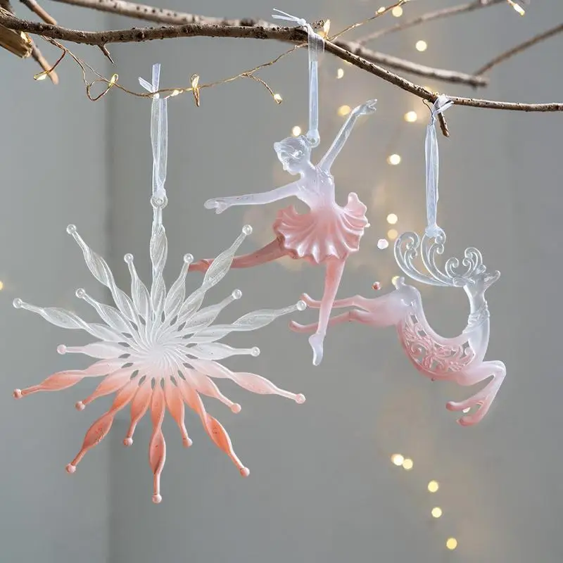 Pink Crystal Clear Snowflake ballet girl Elk Pendants Icicle Decorations Xmas Hanging Ornaments For Home Garden Window