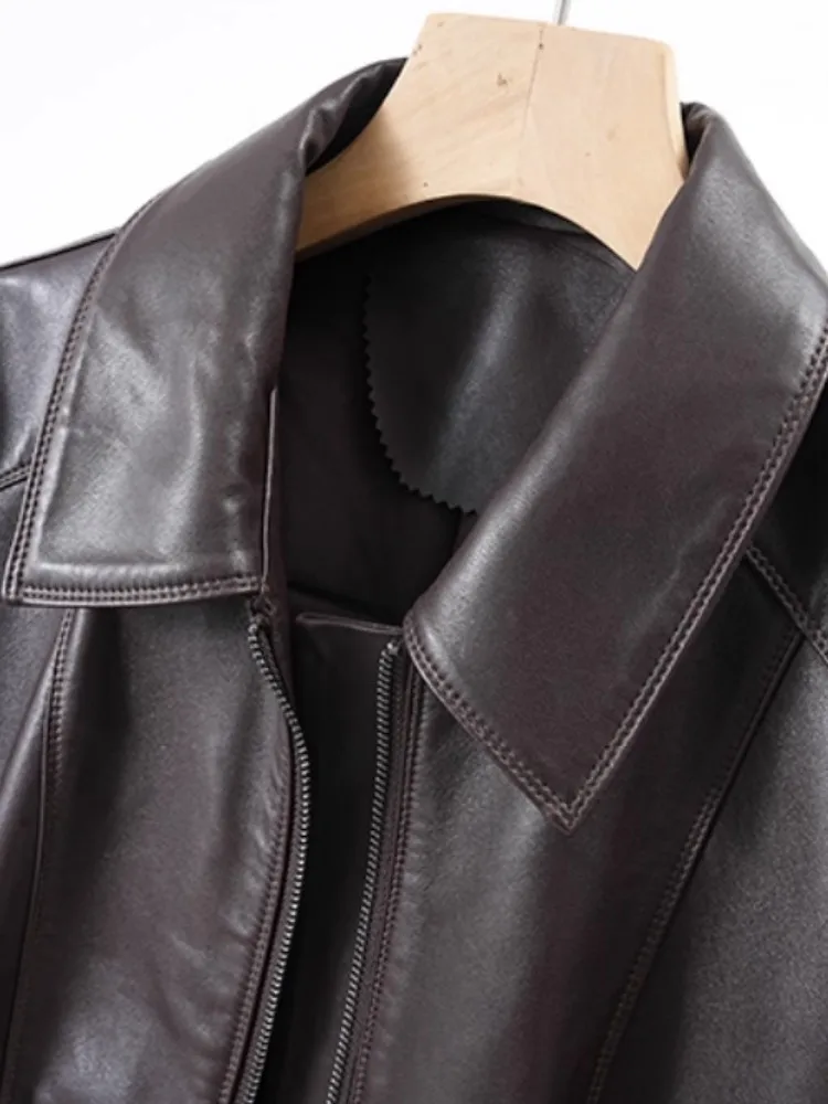 Herbst Neue Frauen Aus Echtem Leder Jacke Zipper Turndown Kragen Einfarbig Hohe Qualität Kurzen Stil Schaffell Mantel Streetwear