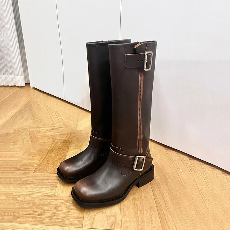 Vintage Knight Boots Chunky Heels Zipper Style Ladies Shoes Autumn Winter New Cozy Long Booties Fashion Buckle Strap Botas Mujer