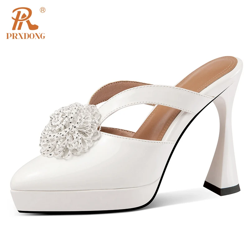 PRXDONG New Summer Genuine Leather Sexy High Heels Open Toe Black WHite Flower Dress Party Female Slippers Sandals Size 34-40