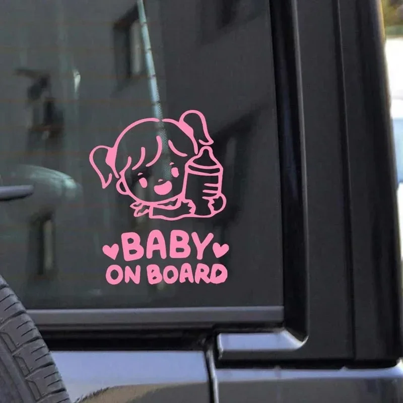 Cute Baby on Board Vinyl Car Sticker, Girl with Milk Bottle Safety Warning Decal for Car Window Decor