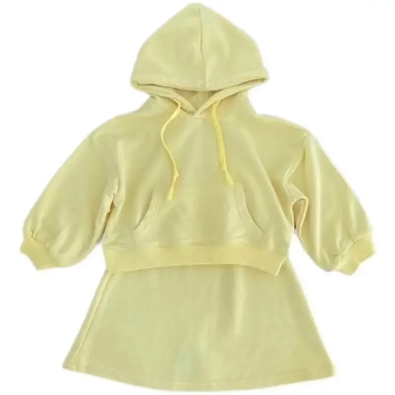 Baby Girls Two Piece Set 2023 Autumn New Korean Style Fashion Yellow and Purple Baby Girls Hat Coat and Skirt Two-piece Set