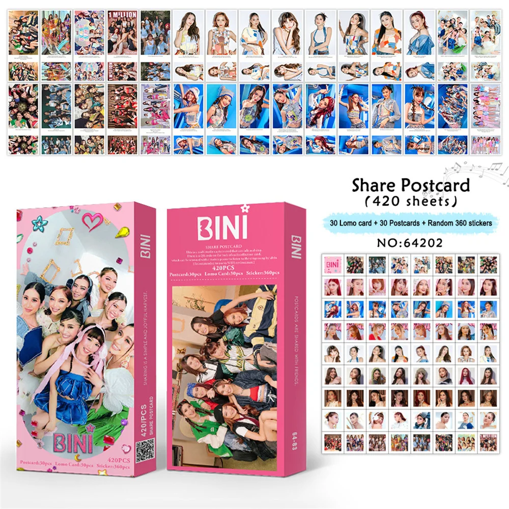 420pcs/Set Kpop BINI Share Postcard Blessing Card Self-adhesive Sticker LOMO Card Gift Boxed Colet Maloi Gwen Fans Collection