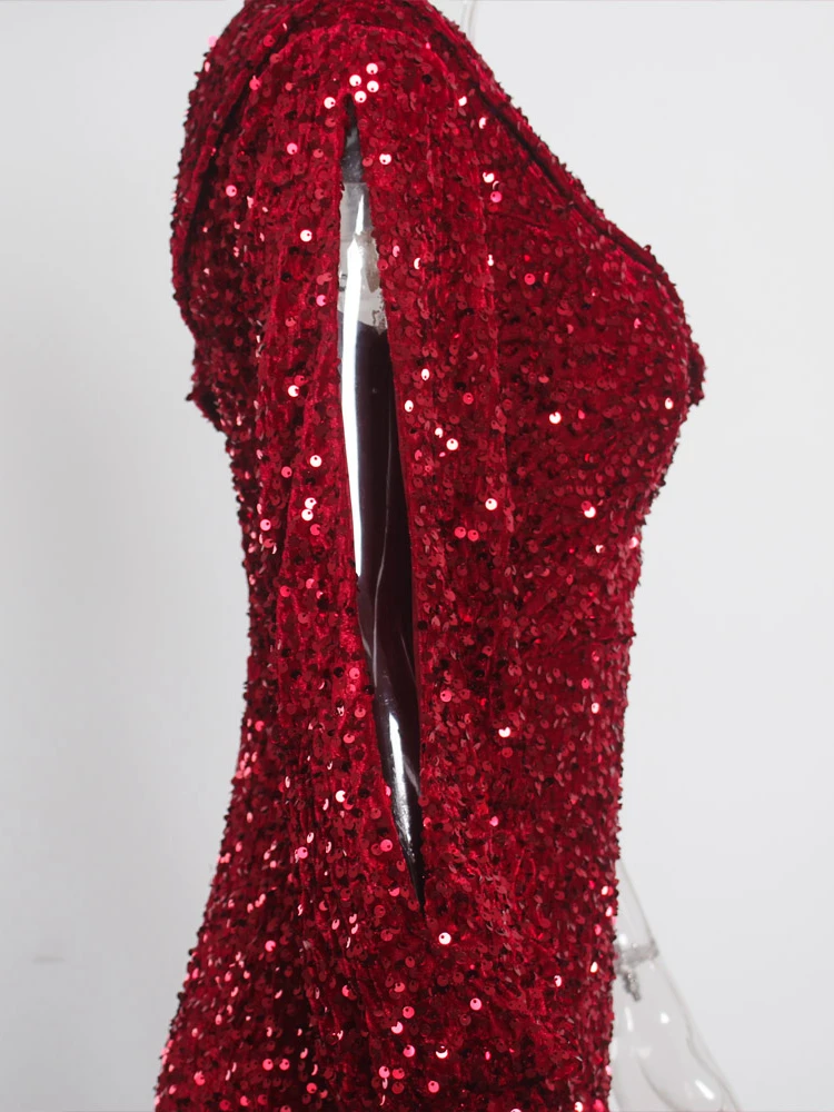 One Split Sleeve Sparkle Stretch Sequin Evening Night Dress Off Shoulder Mermaid Floor Length Bobydon Party Dress Red