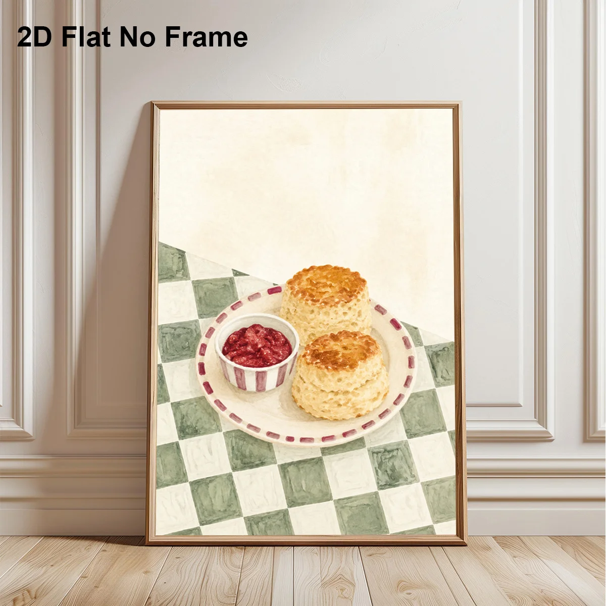 2D Flat, 2D Flat, 1pc Frameless Canvas Poster, Watercolor Fresh Scone with Sweet Jam on Checked Tablecloth Wall Art Canvas Pa