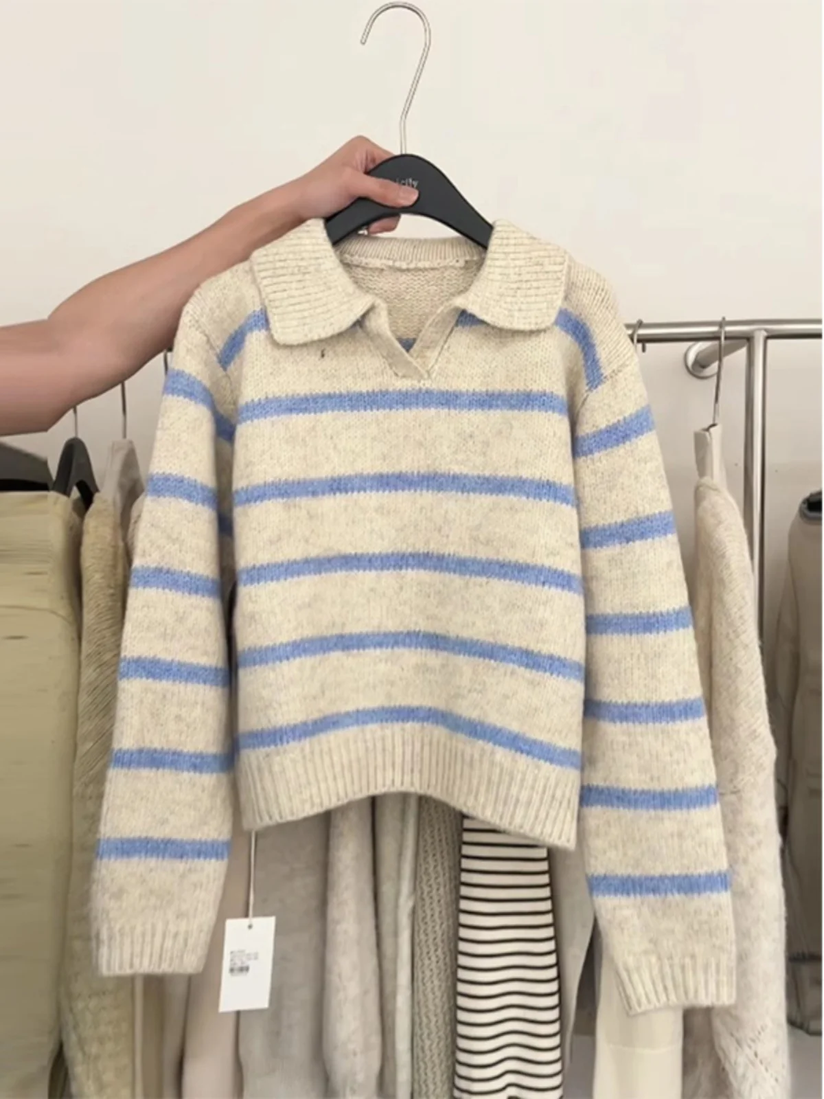 

Blue Striped Bear Velvet Knitted Sweater Women's Autumn Winter Lazy Turn Collar Overhead Sweater Collar Long Sleeve Wool...