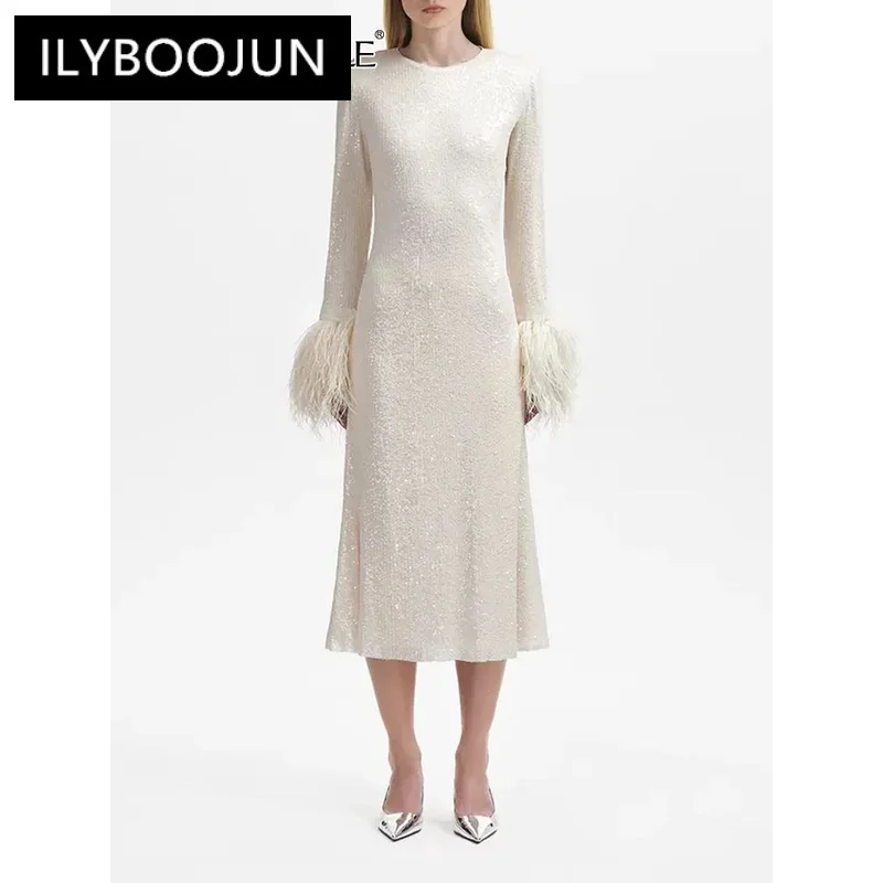 

ILYBOOJUN Patchwork Feathers Slimming Elegant Dresses For Women Round Neck Flare Sleeve High Waist Temperament Dress Female