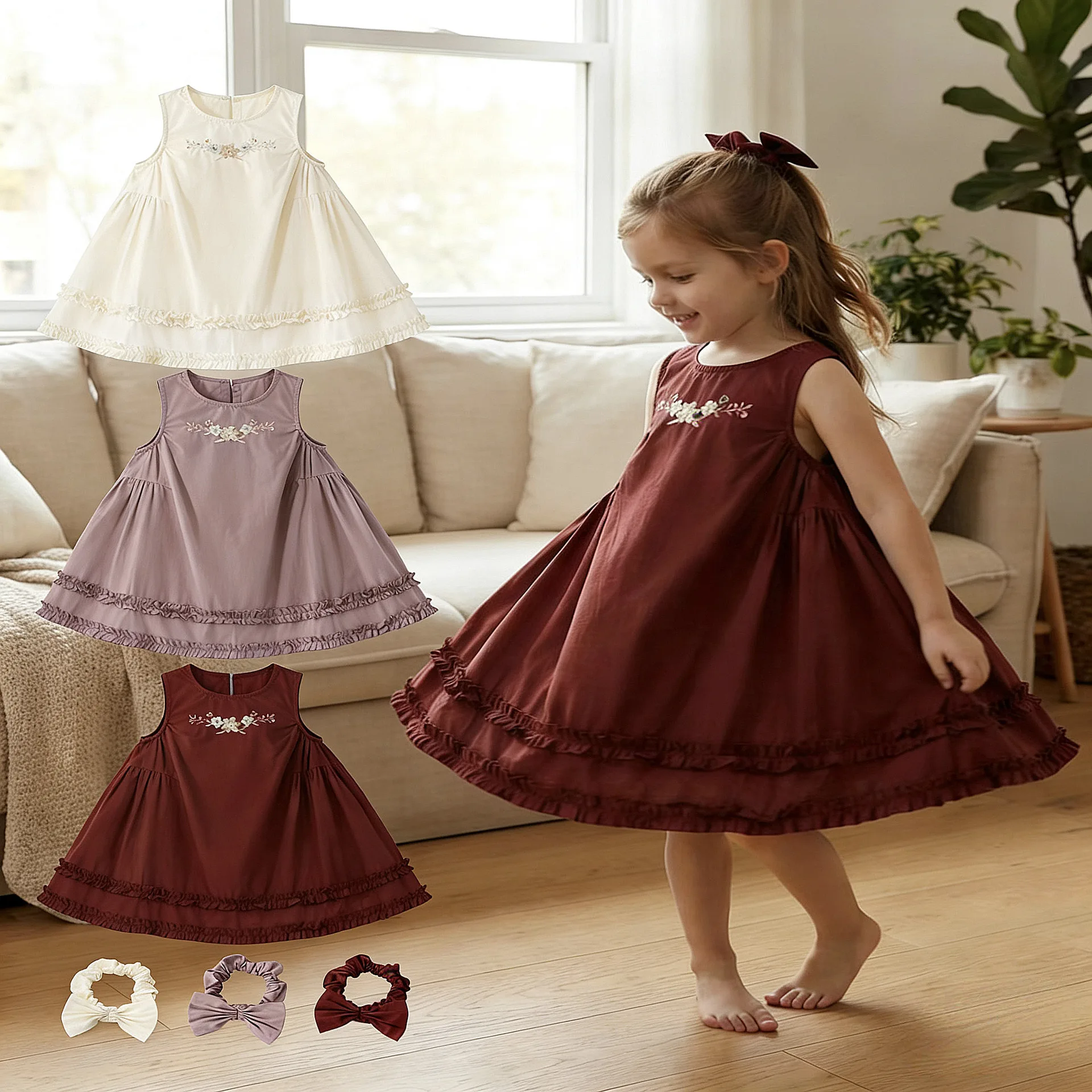 

Новинка 2026: Детское летнее хлопковое платье-жилет с вышивкой маленьких цветов для девочек